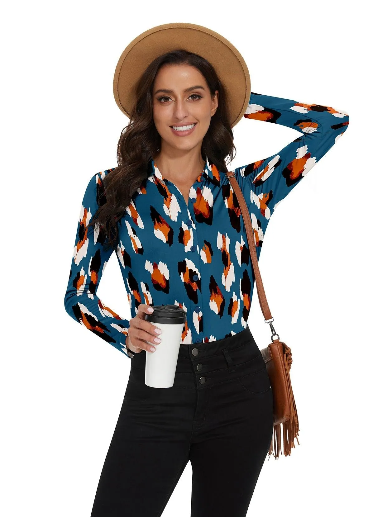 Leopard Print Button-down Long-sleeve Athletic Top for Women