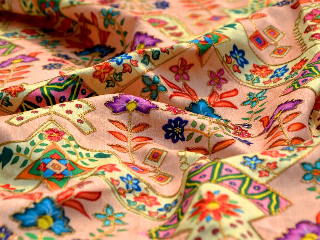 Light Peach Multicolour Traditional Digital Print Zari Embroidered Mulberry Silk Fabric