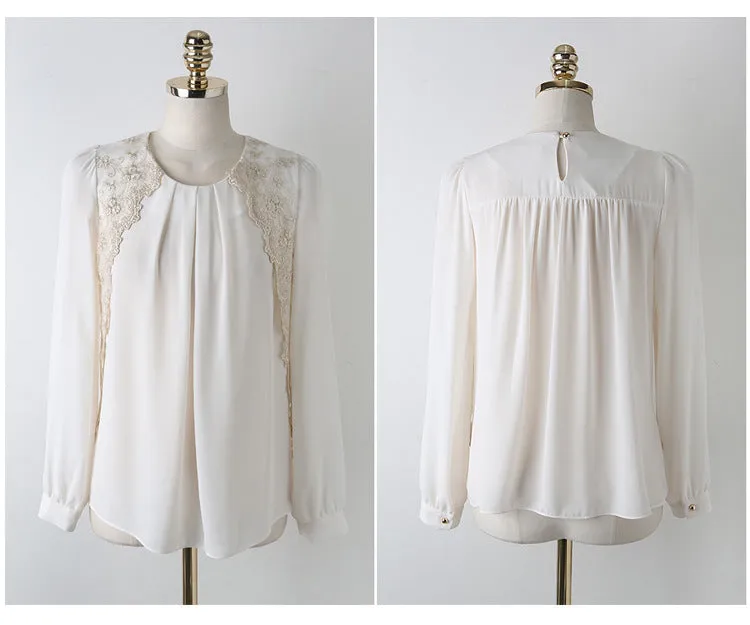 Loose Chiffon Blouse Lace Embroidery Patchwork O-neck Shirt Female Long Sleeve Office Top