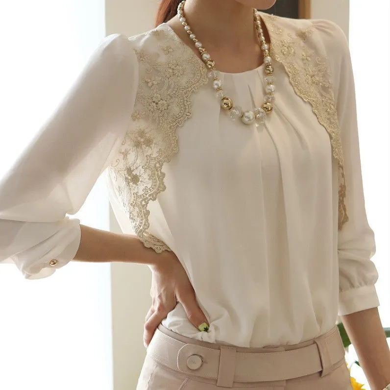 Loose Chiffon Blouse Lace Embroidery Patchwork O-neck Shirt Female Long Sleeve Office Top