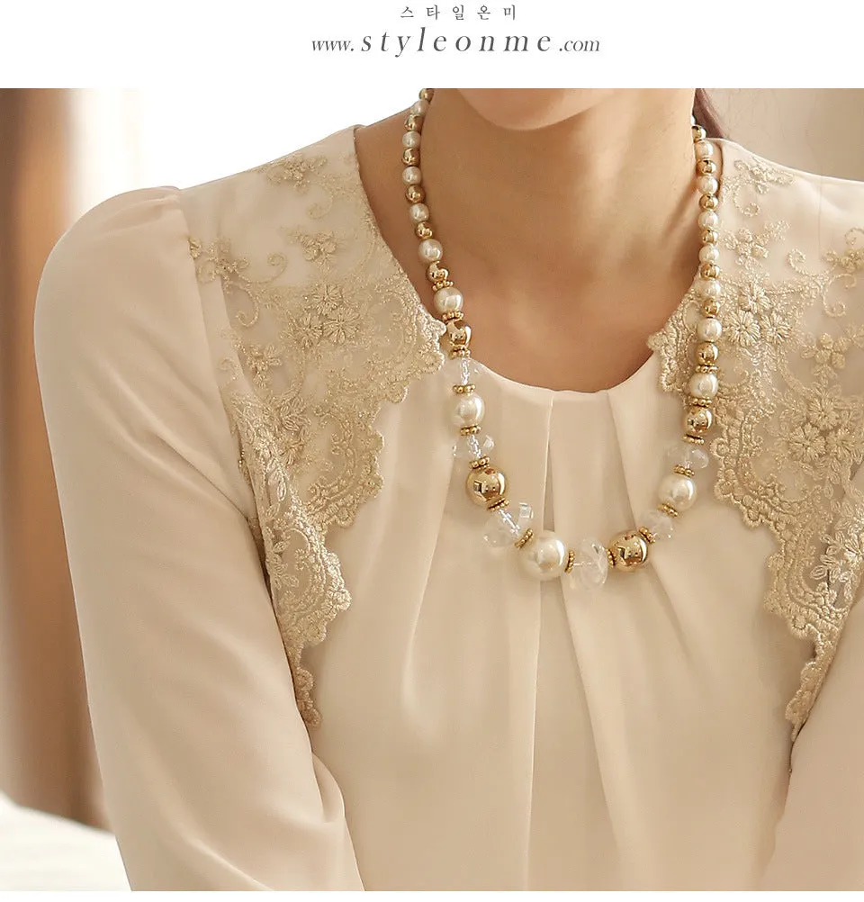 Loose Chiffon Blouse Lace Embroidery Patchwork O-neck Shirt Female Long Sleeve Office Top