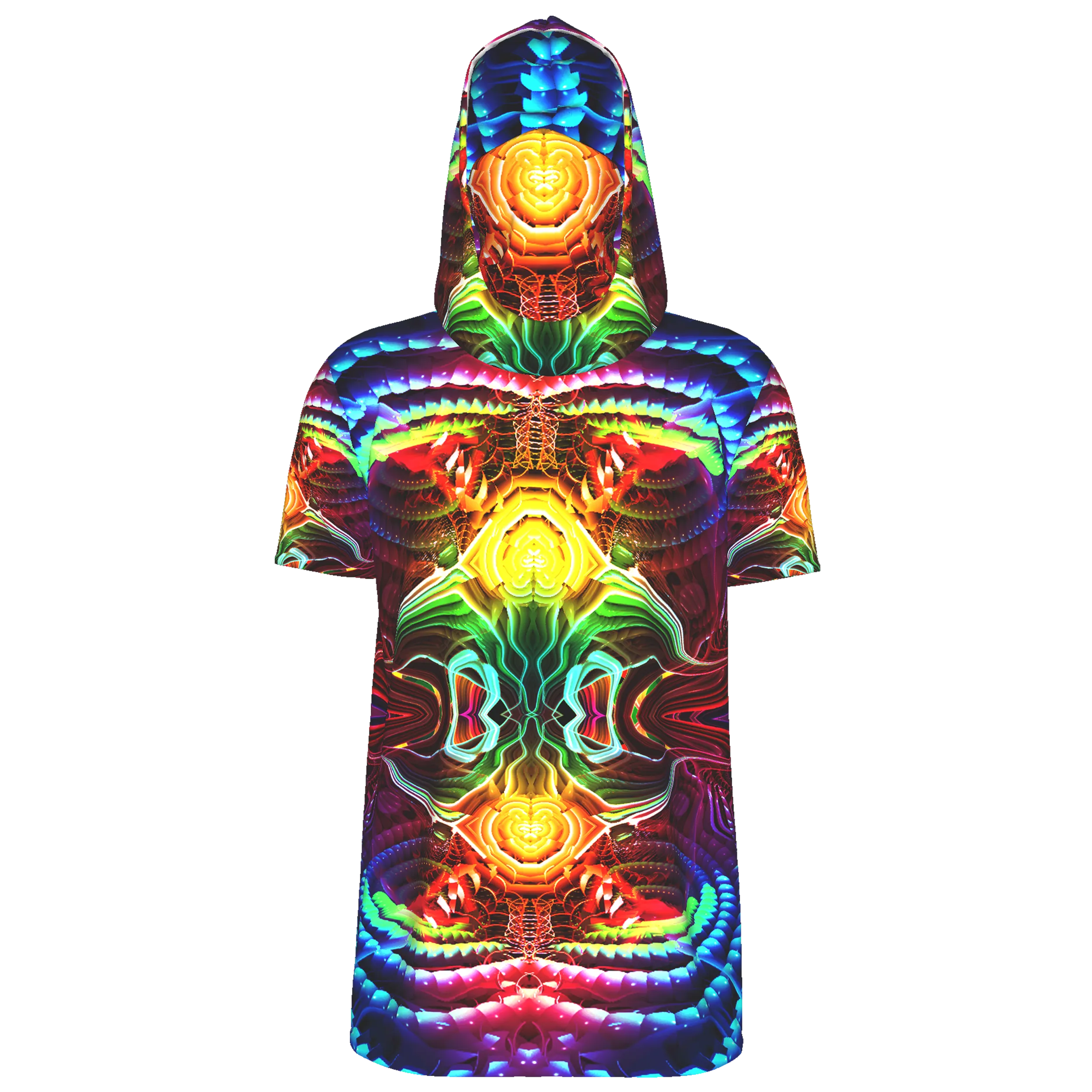 Mens Festival Top | Psy Clothing | Mens Rave Outfit | UV Blacklight Shirt | Psychedelic Shirt | Neck Gaiter and Hood | Fractal - Ninja