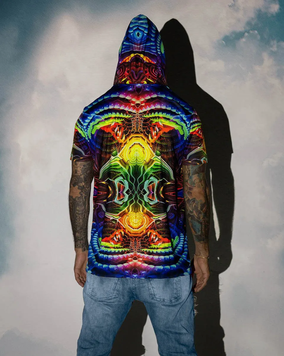 Mens Festival Top | Psy Clothing | Mens Rave Outfit | UV Blacklight Shirt | Psychedelic Shirt | Neck Gaiter and Hood | Fractal - Ninja