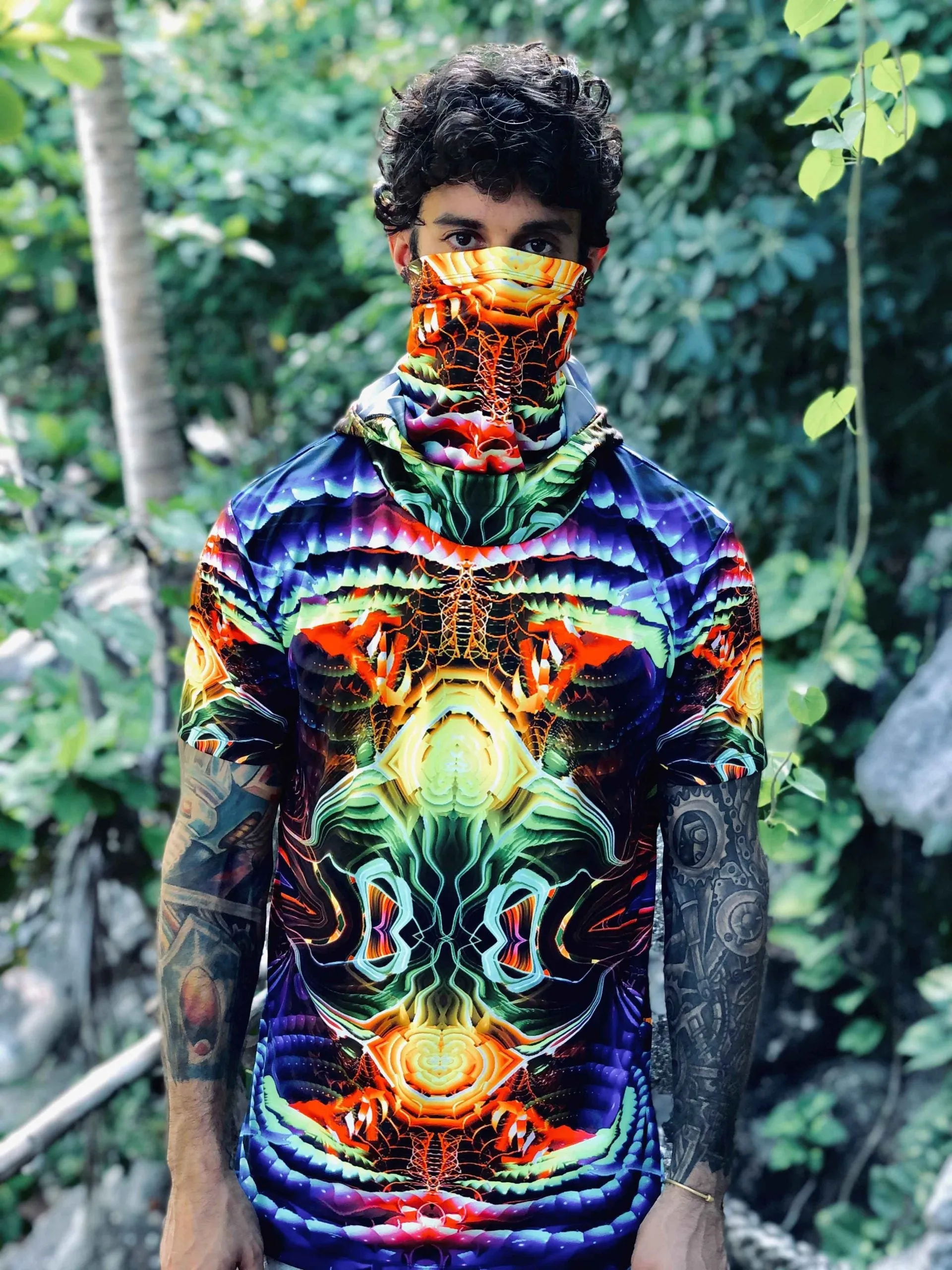 Mens Festival Top | Psy Clothing | Mens Rave Outfit | UV Blacklight Shirt | Psychedelic Shirt | Neck Gaiter and Hood | Fractal - Ninja