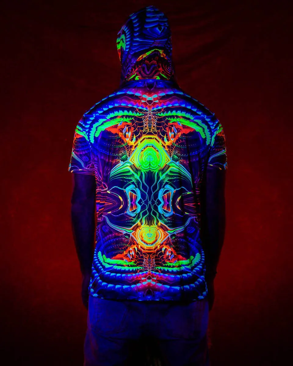 Mens Festival Top | Psy Clothing | Mens Rave Outfit | UV Blacklight Shirt | Psychedelic Shirt | Neck Gaiter and Hood | Fractal - Ninja