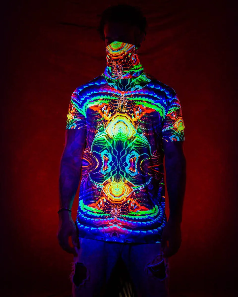 Mens Festival Top | Psy Clothing | Mens Rave Outfit | UV Blacklight Shirt | Psychedelic Shirt | Neck Gaiter and Hood | Fractal - Ninja