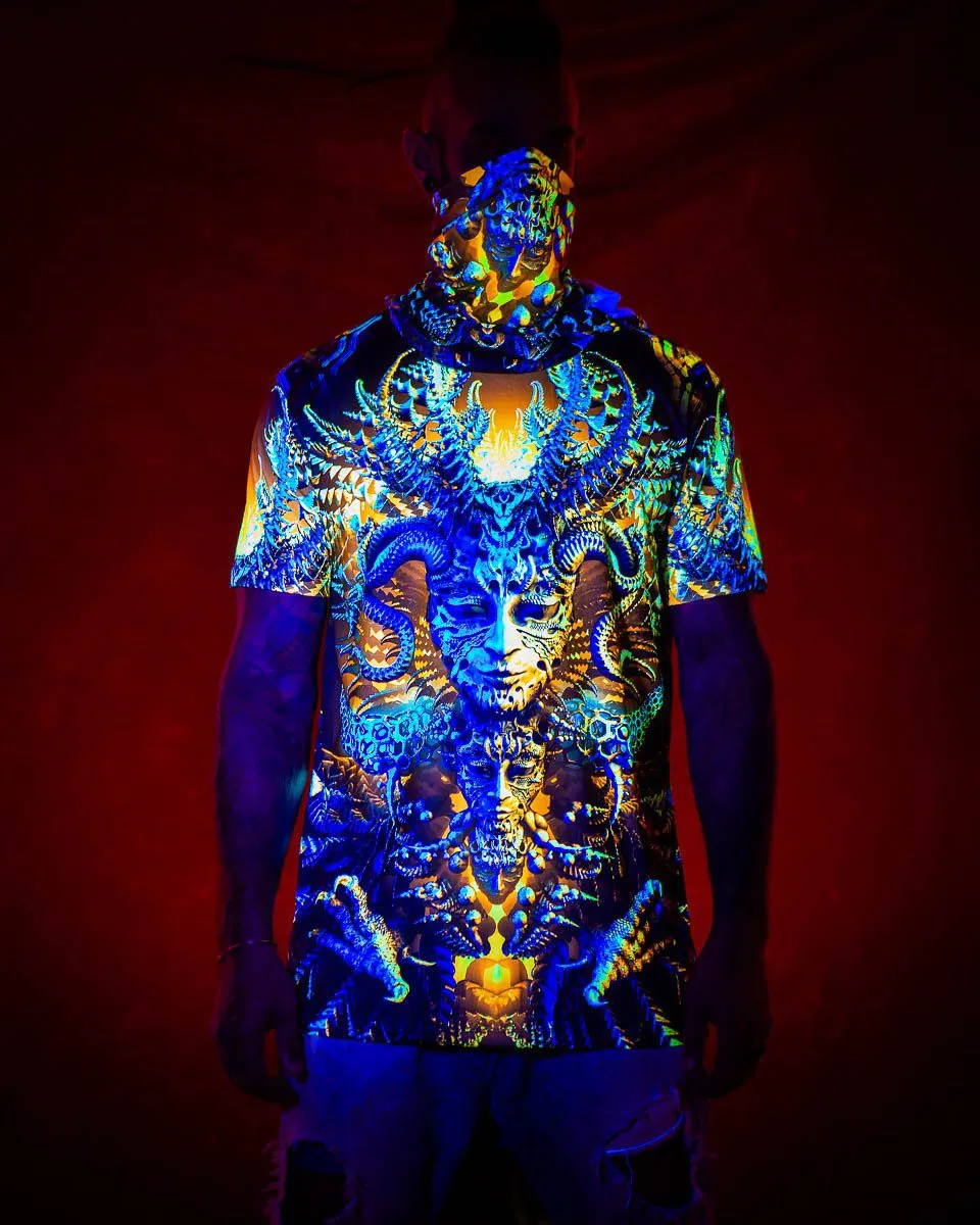 Mens Festival Top | Psy Clothing | Mens Rave Outfit | UV Blacklight Shirt | Psychedelic Shirt | Neck Gaiter and Hood | Gamuyan - Ninja