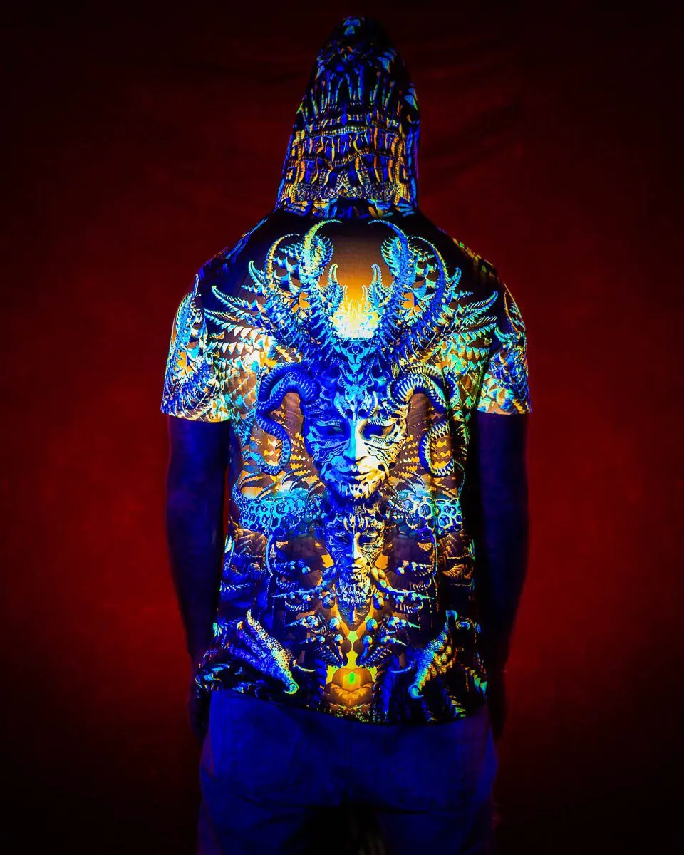 Mens Festival Top | Psy Clothing | Mens Rave Outfit | UV Blacklight Shirt | Psychedelic Shirt | Neck Gaiter and Hood | Gamuyan - Ninja