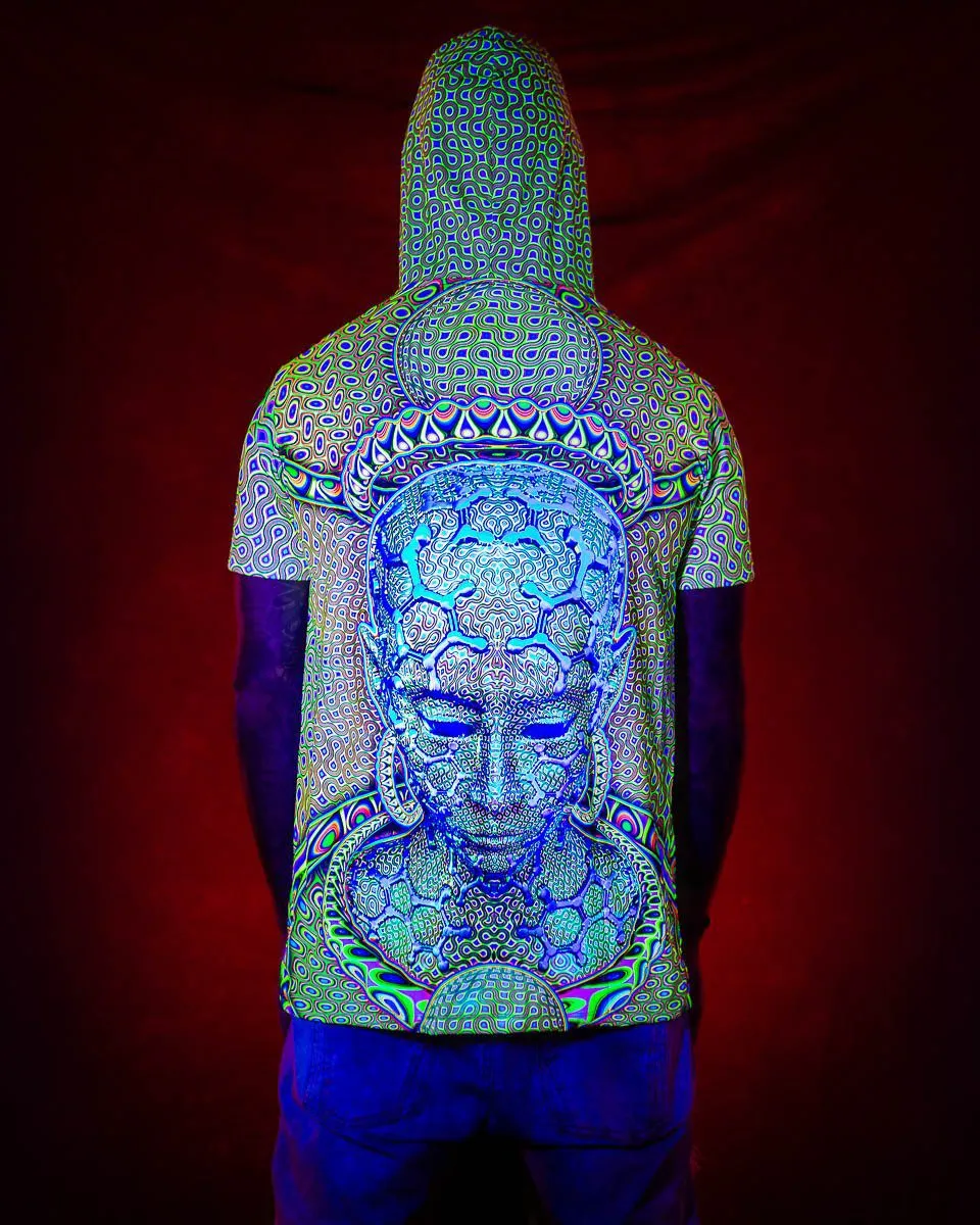 Mens Festival Top | Psy Clothing | Mens Rave Outfit | UV Blacklight Shirt | Psychedelic Shirt | Neck Gaiter and Hood | Micro Marco - Ninja