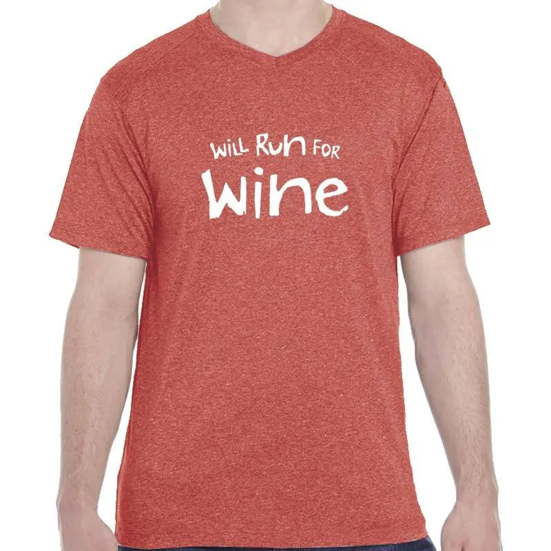 Men's Heathersoft Tech Short Sleeve Shallow V - "Will Run For Wine"