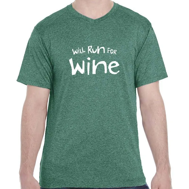 Men's Heathersoft Tech Short Sleeve Shallow V - "Will Run For Wine"