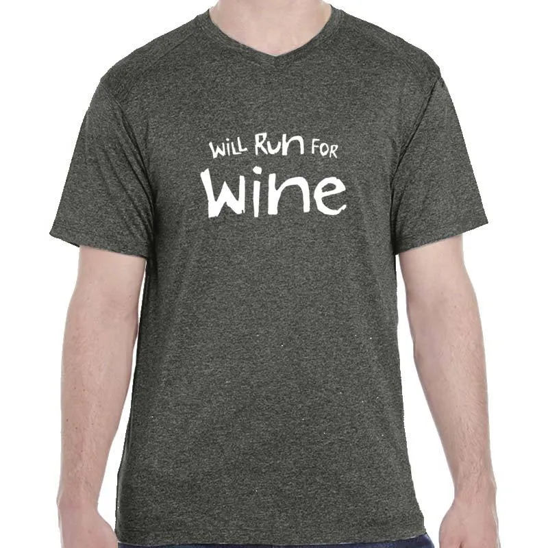 Men's Heathersoft Tech Short Sleeve Shallow V - "Will Run For Wine"