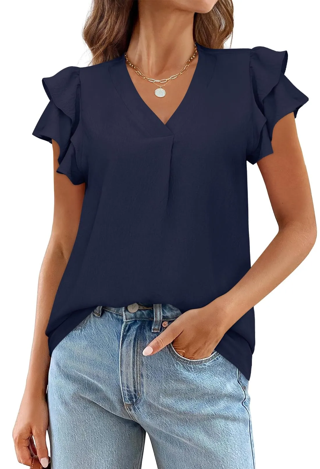 MEROKEETY V Neck Ruffle Short Sleeve Casual Blouse