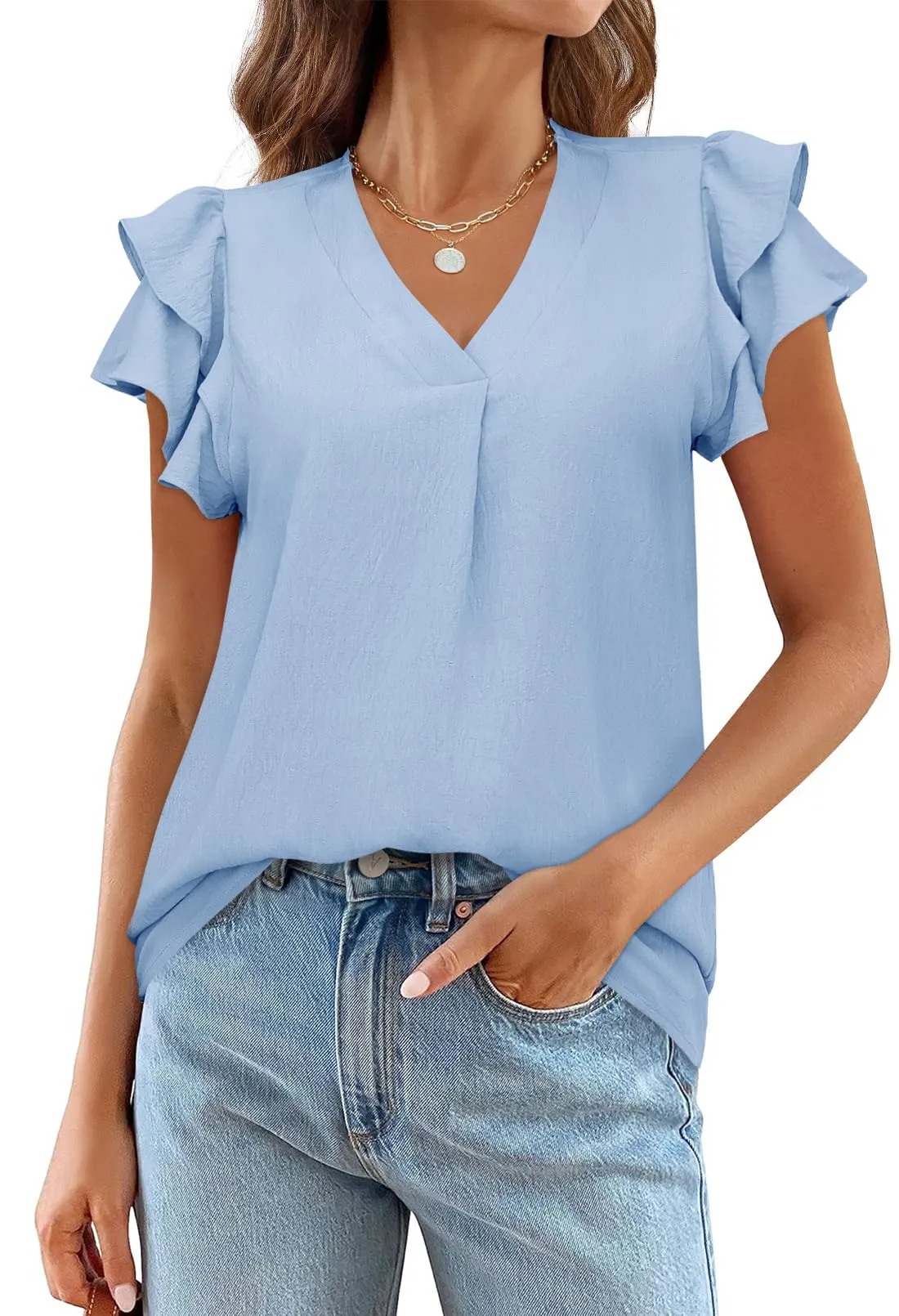 MEROKEETY V Neck Ruffle Short Sleeve Casual Blouse