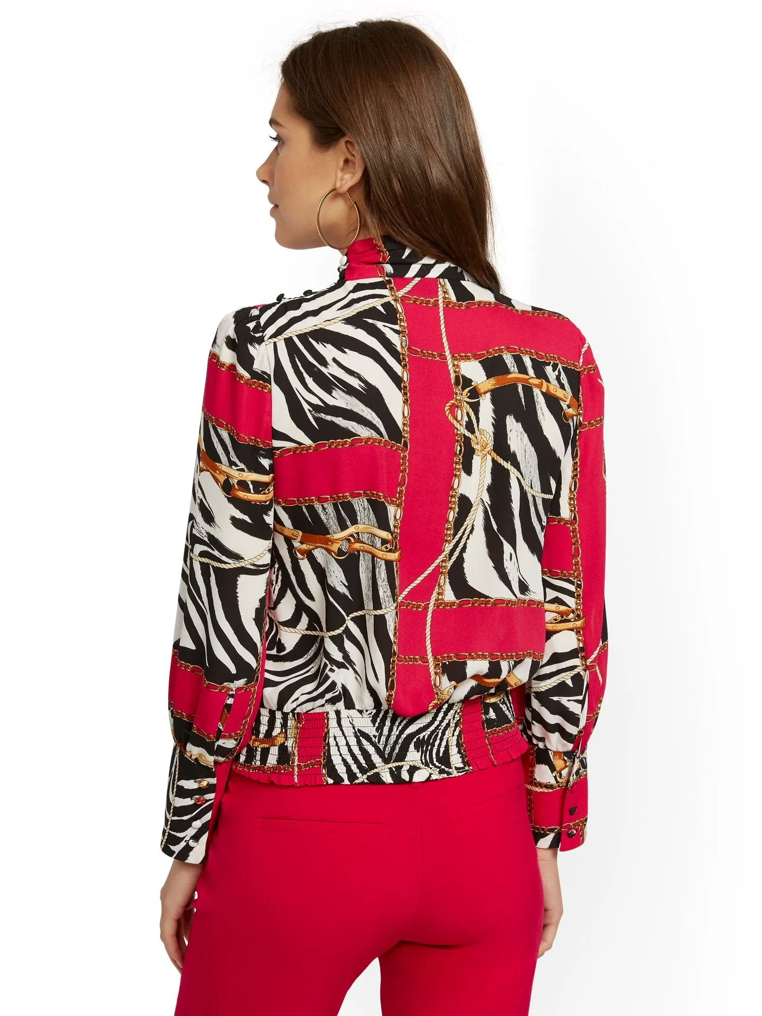 Mixed-Print Tie-Neck Blouse - 7th Avenue