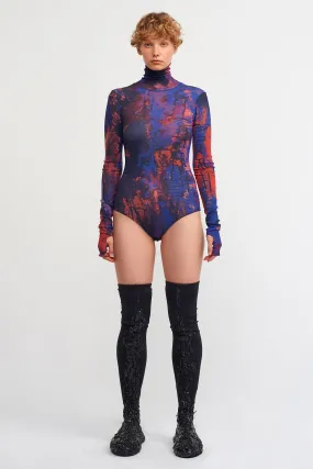 Nu Printed Turtleneck Mesh Bodysuit Red