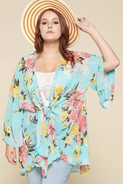 Plus Size Floral Printed Oversize Flowy And Airy Kimono With Dramatic Bell Sleeves