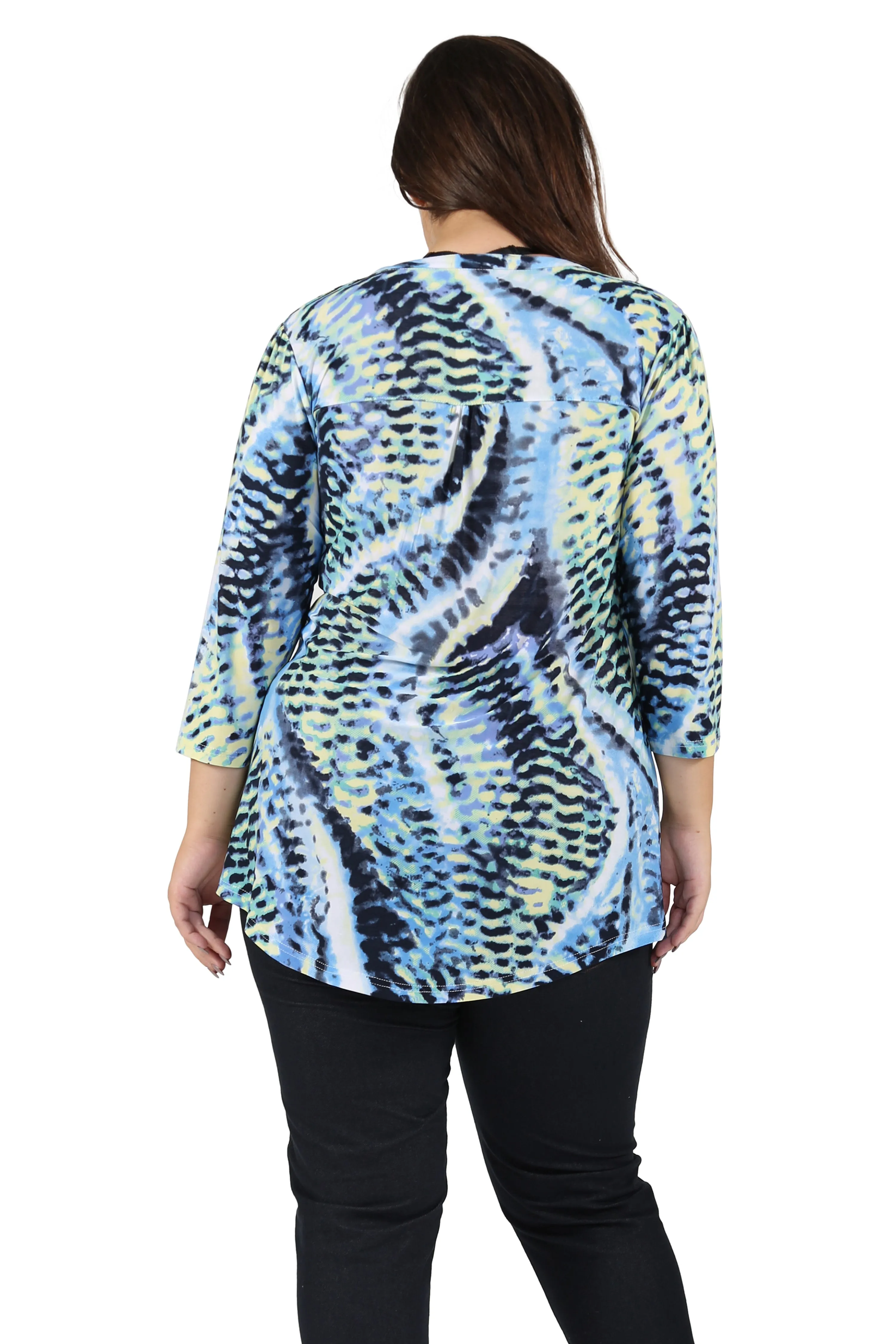 Plus Size La Cera Pleat Front Printed Tunic Blue Yellow