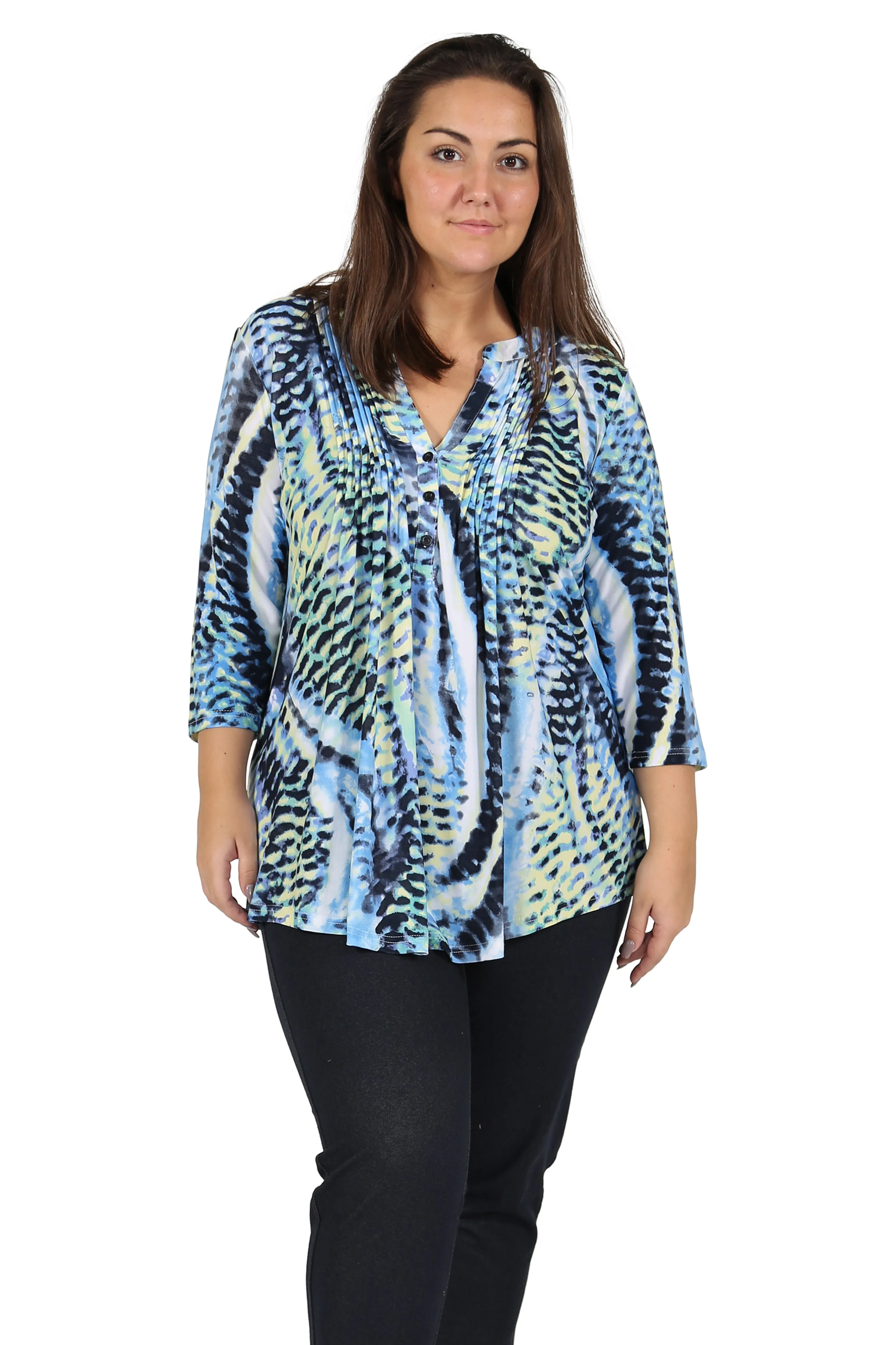 Plus Size La Cera Pleat Front Printed Tunic Blue Yellow