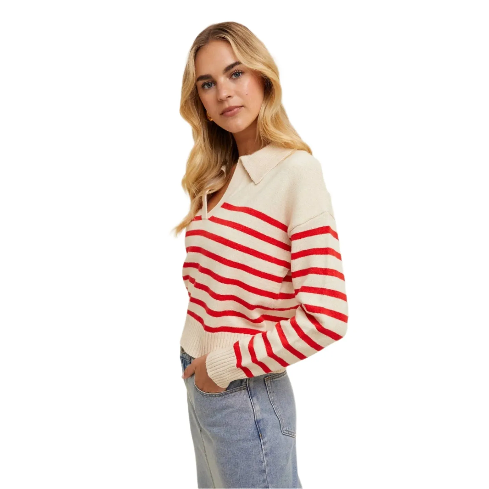 Preppy in Stripes - Cropped Collared Sweater