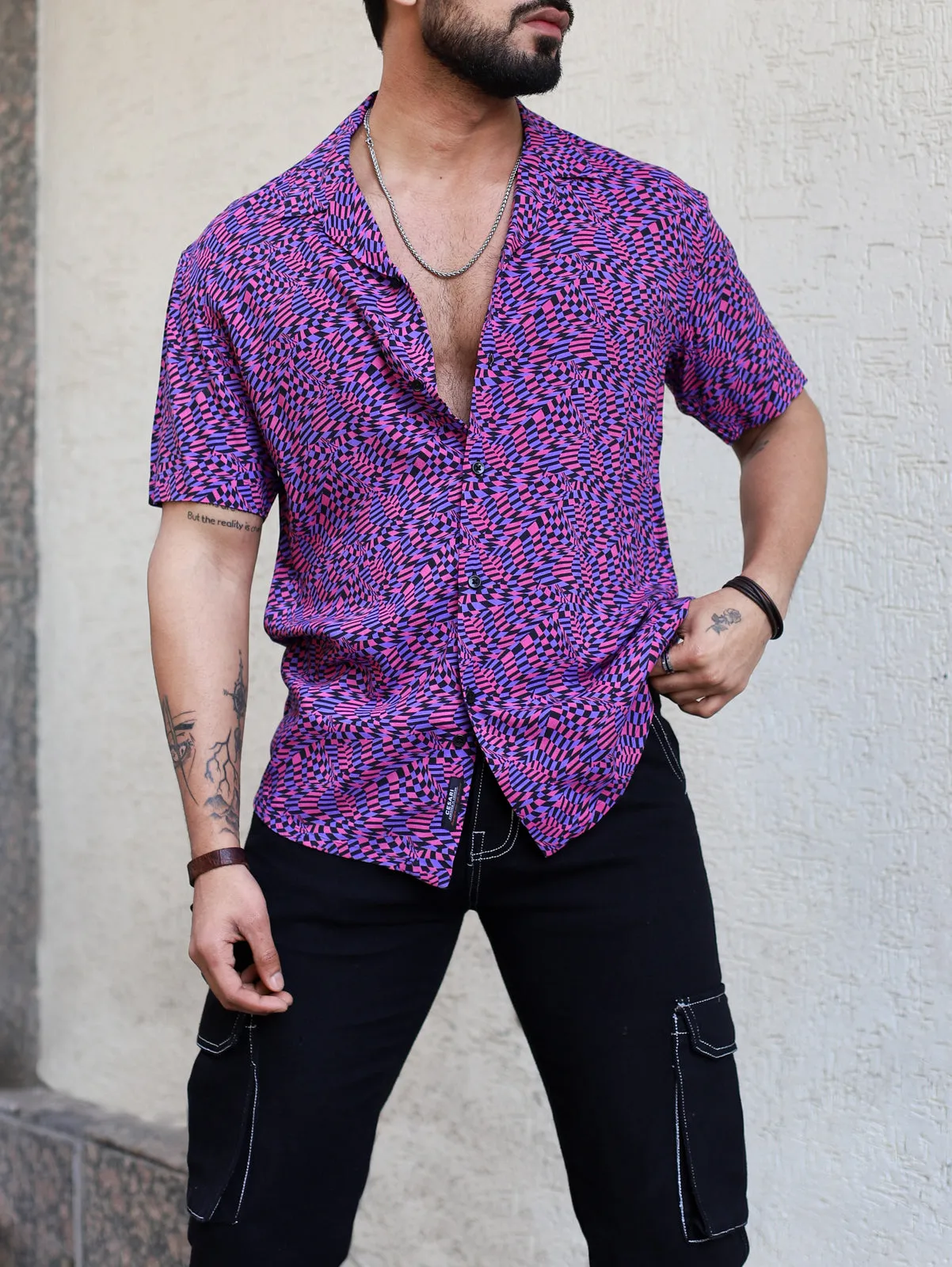 Purple Distorted Checks Cuban Shirt