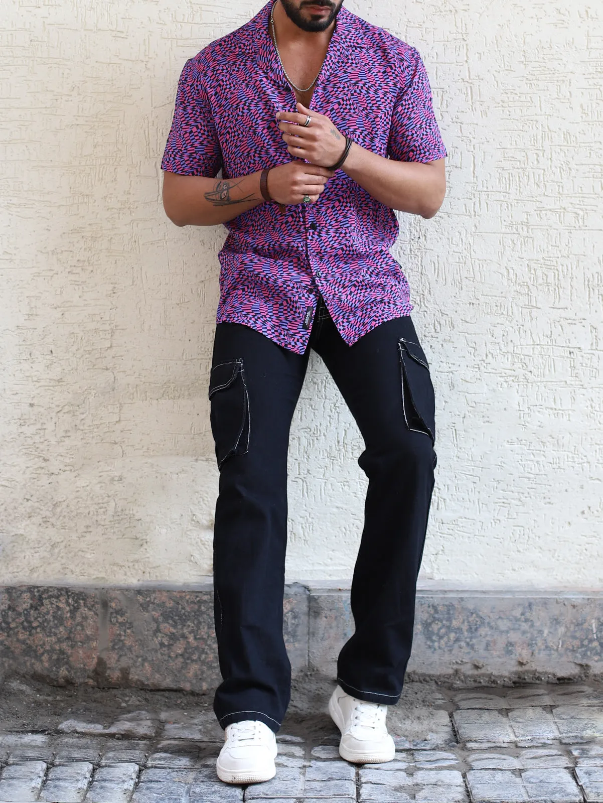 Purple Distorted Checks Cuban Shirt