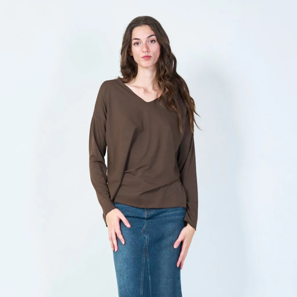 Relaxed fit V-neck long sleeve top wholesale