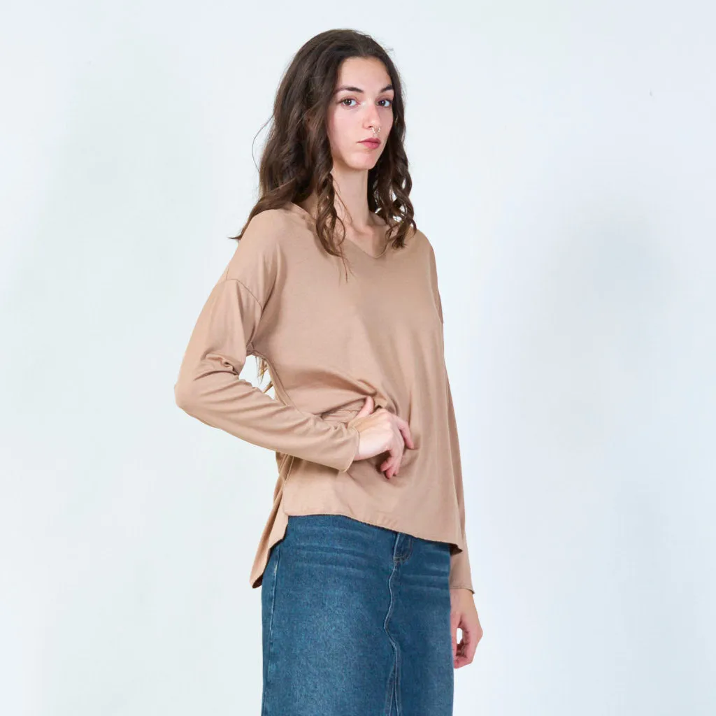 Relaxed fit V-neck long sleeve top wholesale