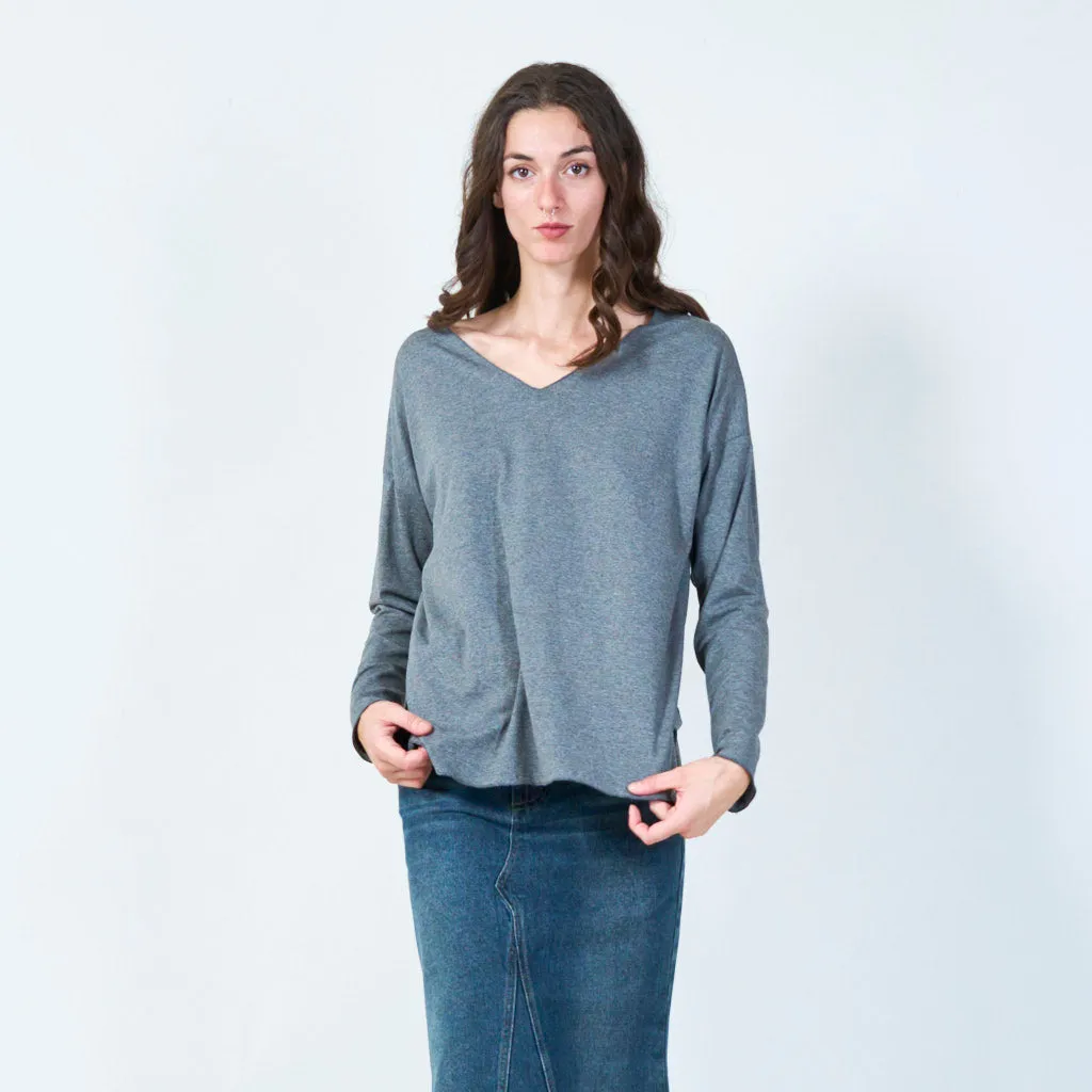 Relaxed fit V-neck long sleeve top wholesale