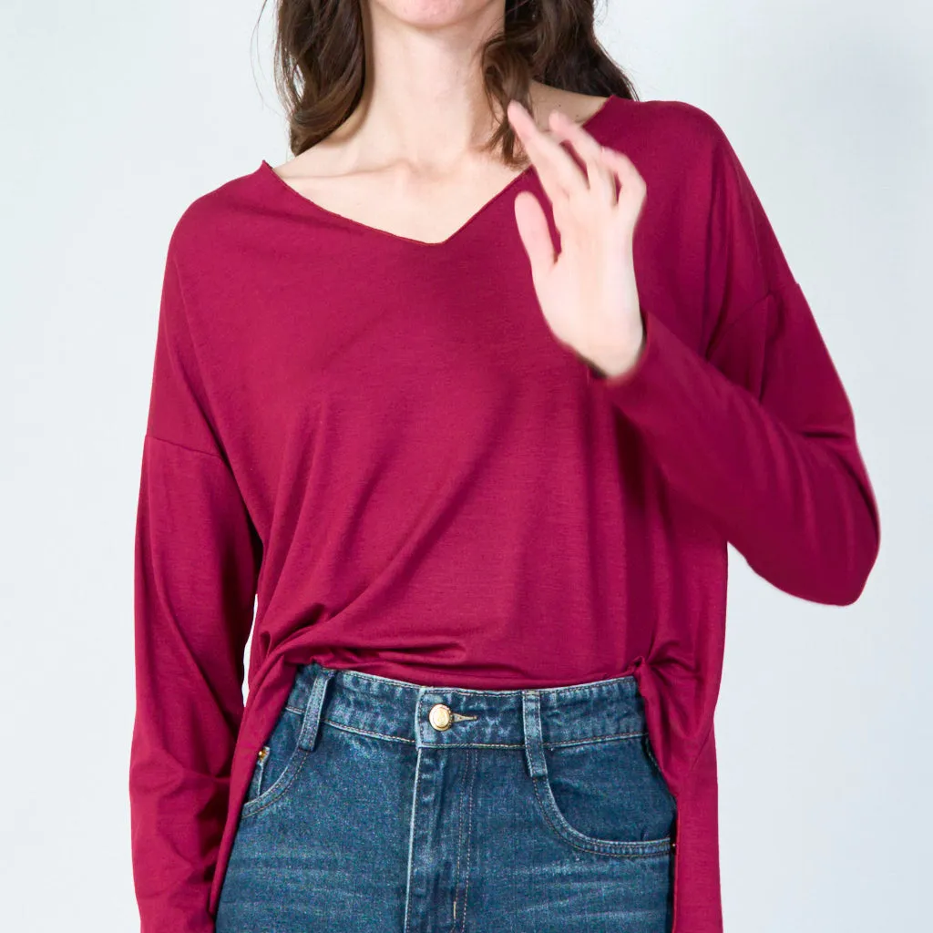 Relaxed fit V-neck long sleeve top wholesale