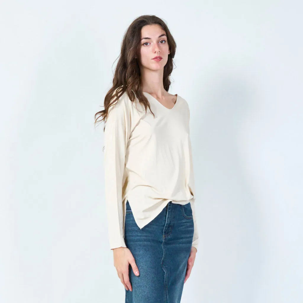 Relaxed fit V-neck long sleeve top wholesale