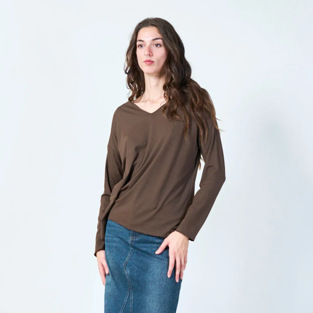 Relaxed fit V-neck long sleeve top wholesale