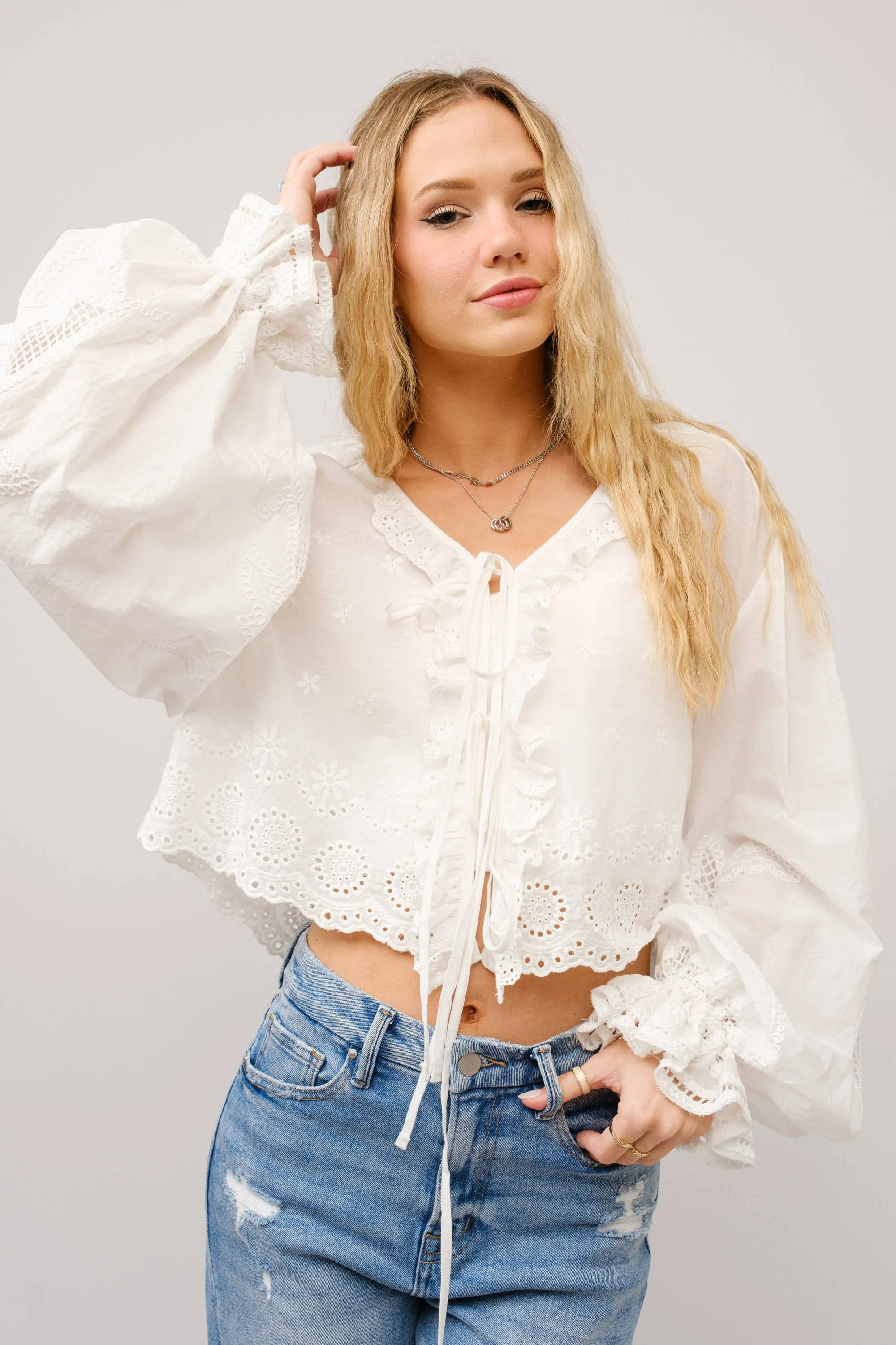 Ruffle Front Tie Eyelet Embroidered Top