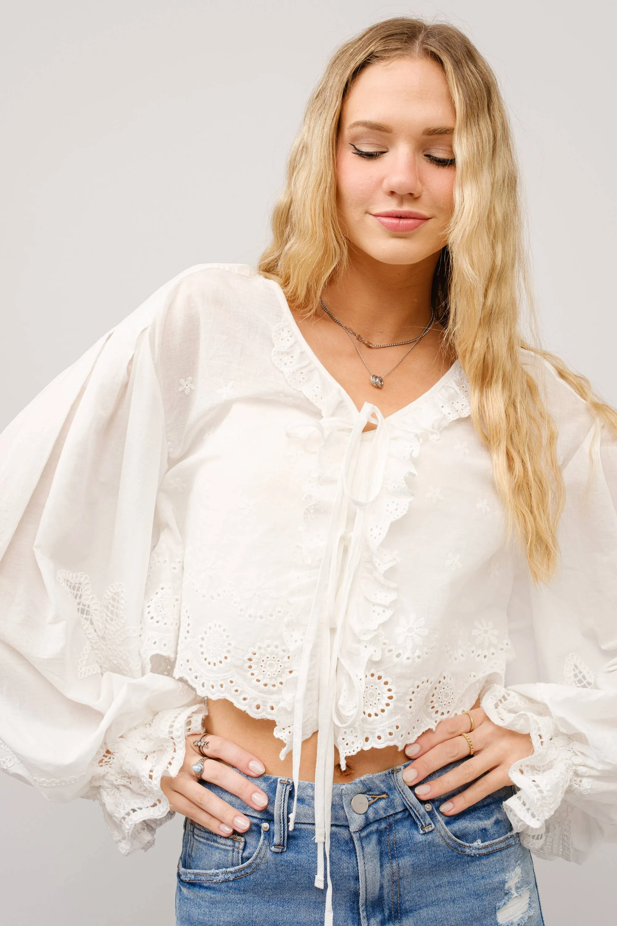 Ruffle Front Tie Eyelet Embroidered Top