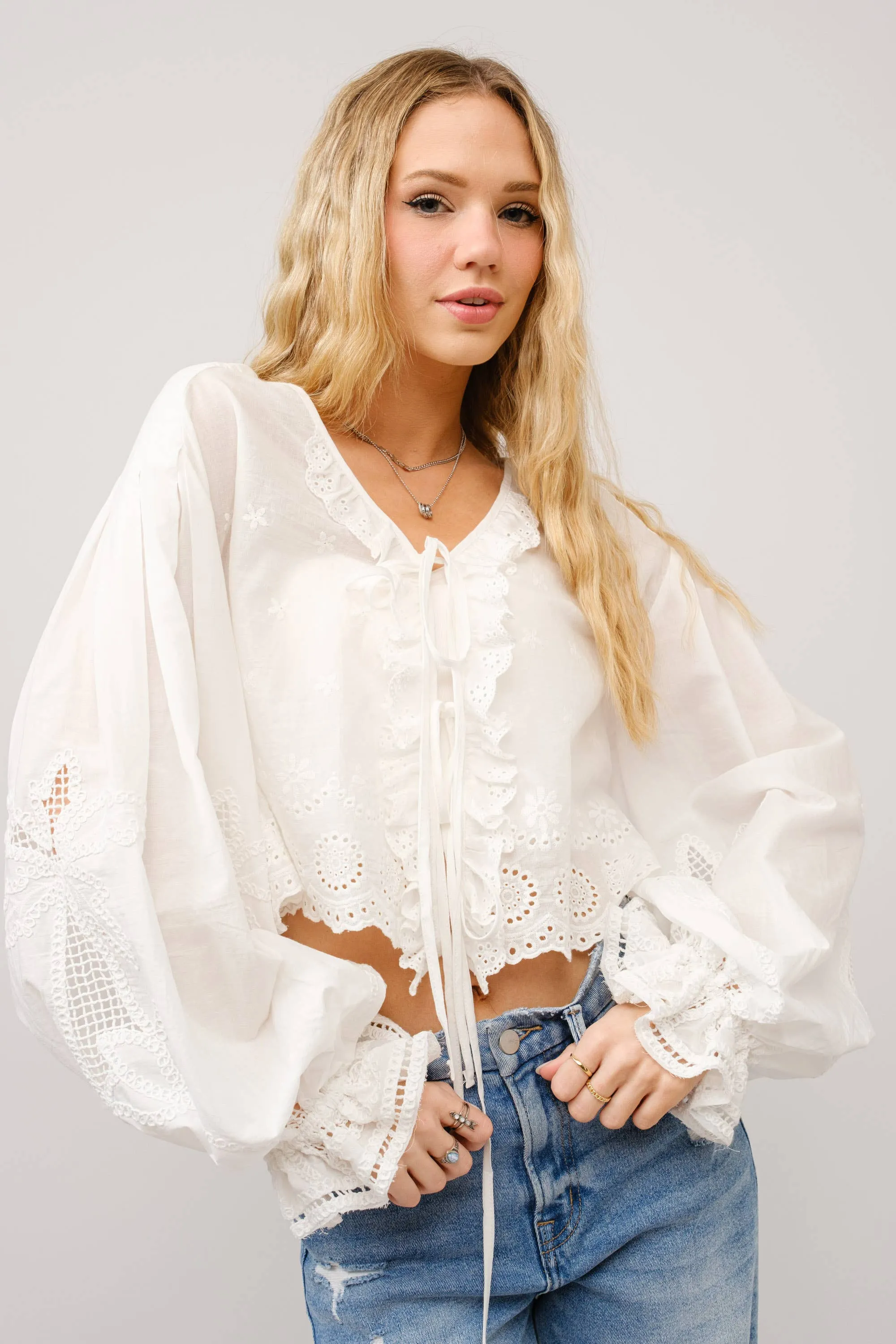 Ruffle Front Tie Eyelet Embroidered Top