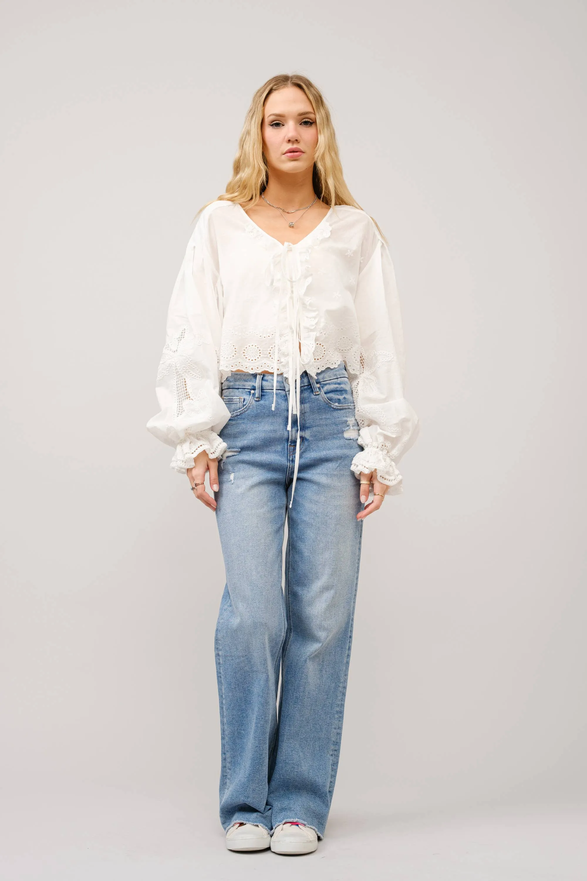 Ruffle Front Tie Eyelet Embroidered Top