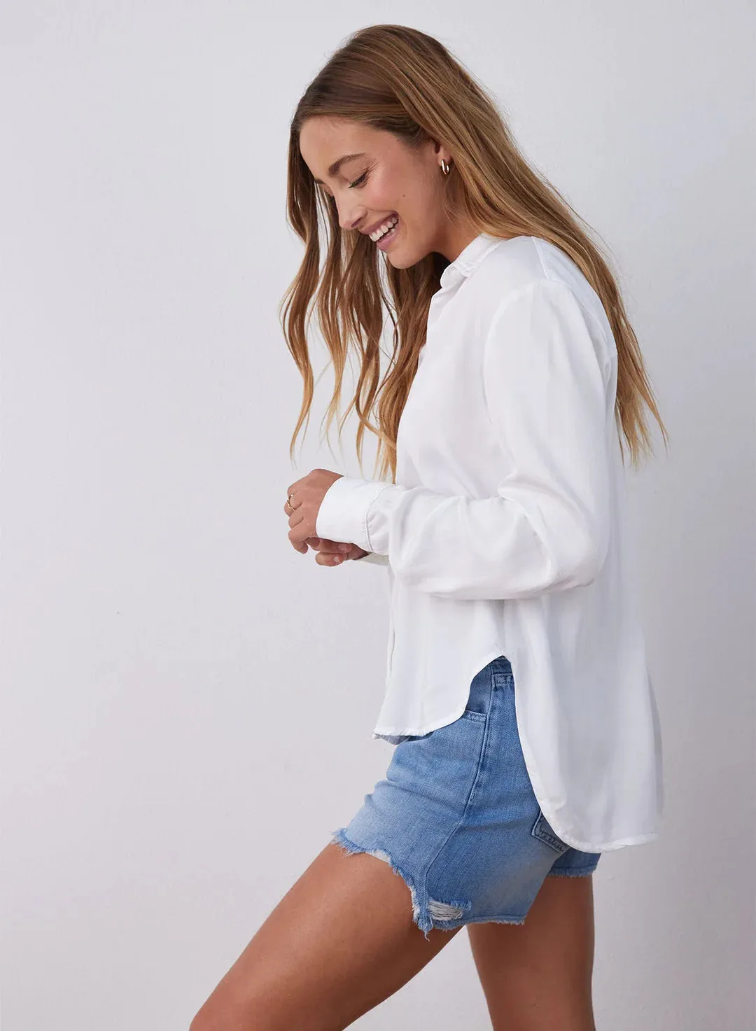 Satin Flowy Button Down - White