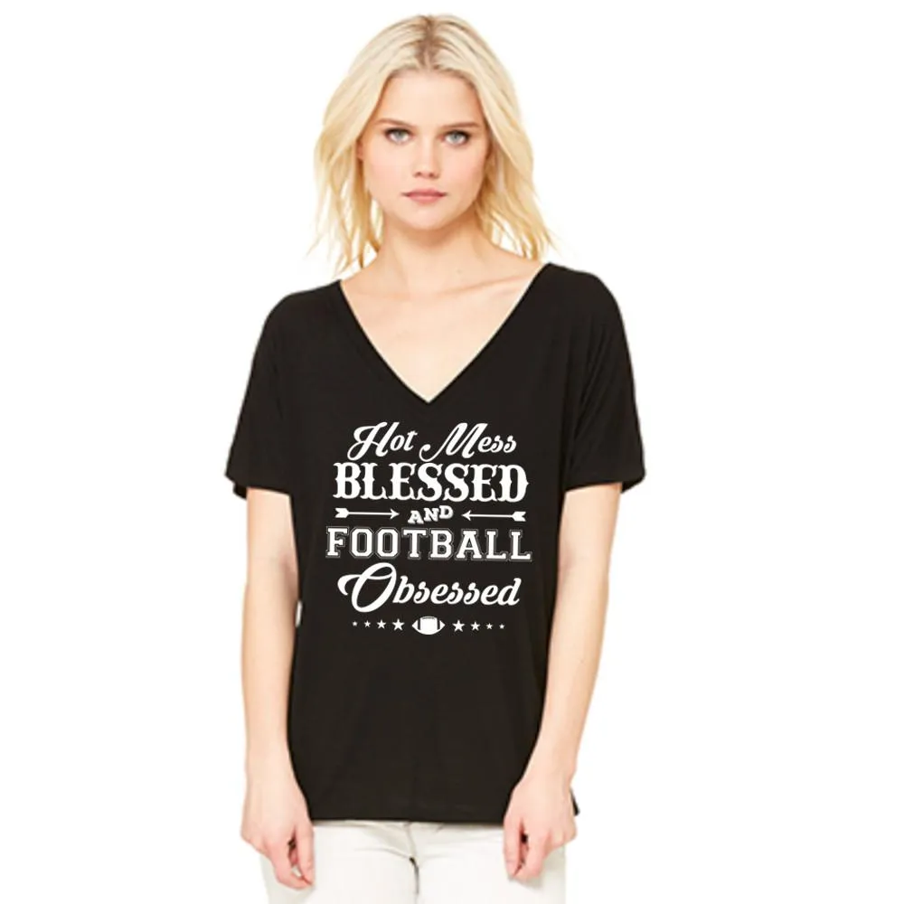 T-Shirt { Hot mess Blessed and Football Obsessed } Wine, Black, Red or blue. S-XXL