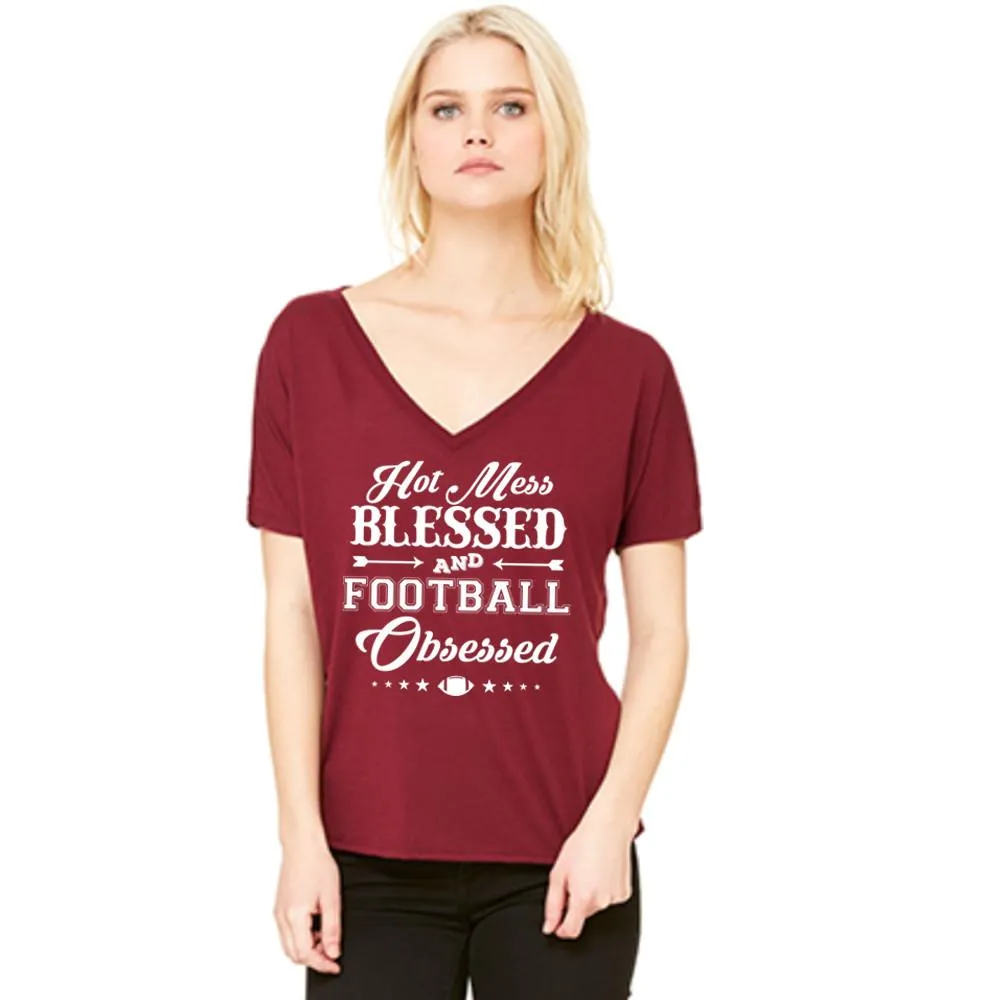 T-Shirt { Hot mess Blessed and Football Obsessed } Wine, Black, Red or blue. S-XXL