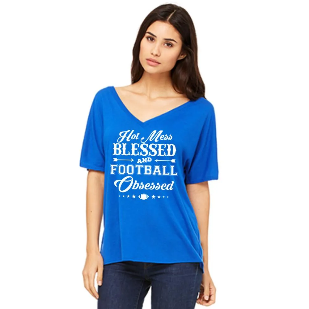 T-Shirt { Hot mess Blessed and Football Obsessed } Wine, Black, Red or blue. S-XXL