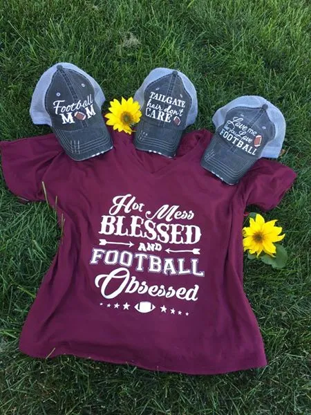 T-Shirt { Hot mess Blessed and Football Obsessed } Wine, Black, Red or blue. S-XXL