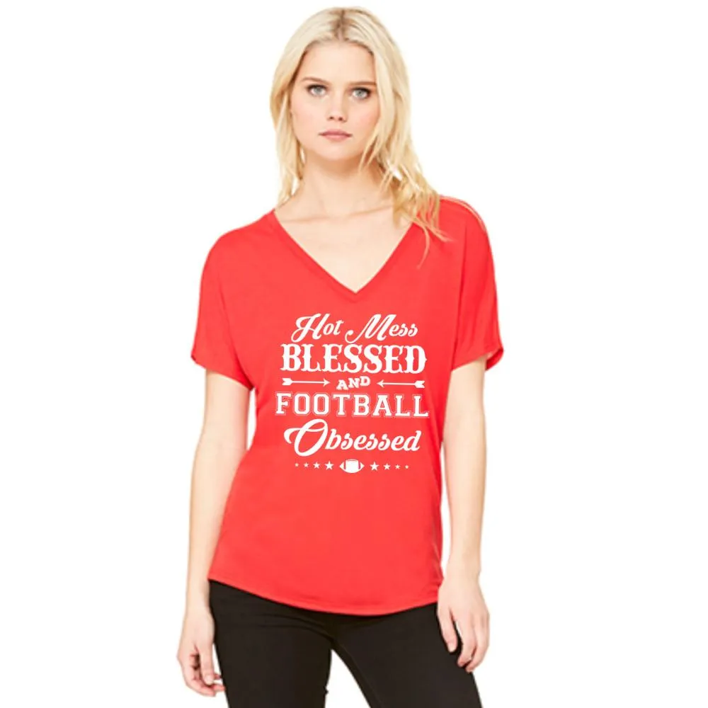 T-Shirt { Hot mess Blessed and Football Obsessed } Wine, Black, Red or blue. S-XXL