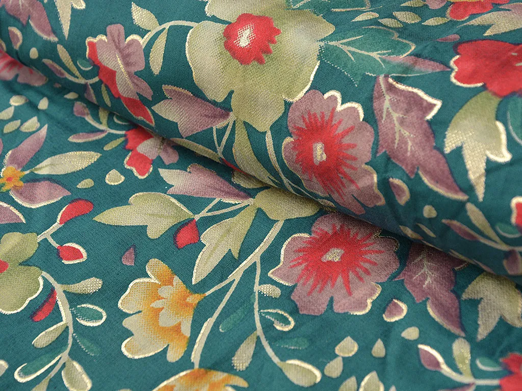 Teal Floral Premium Modal Chanderi Silk Fabric