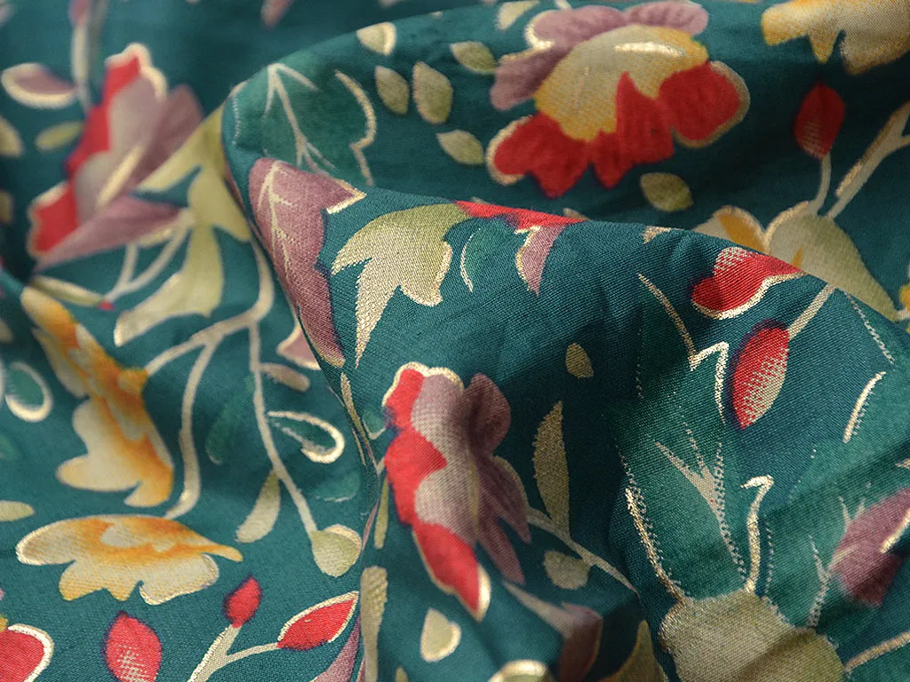 Teal Floral Premium Modal Chanderi Silk Fabric