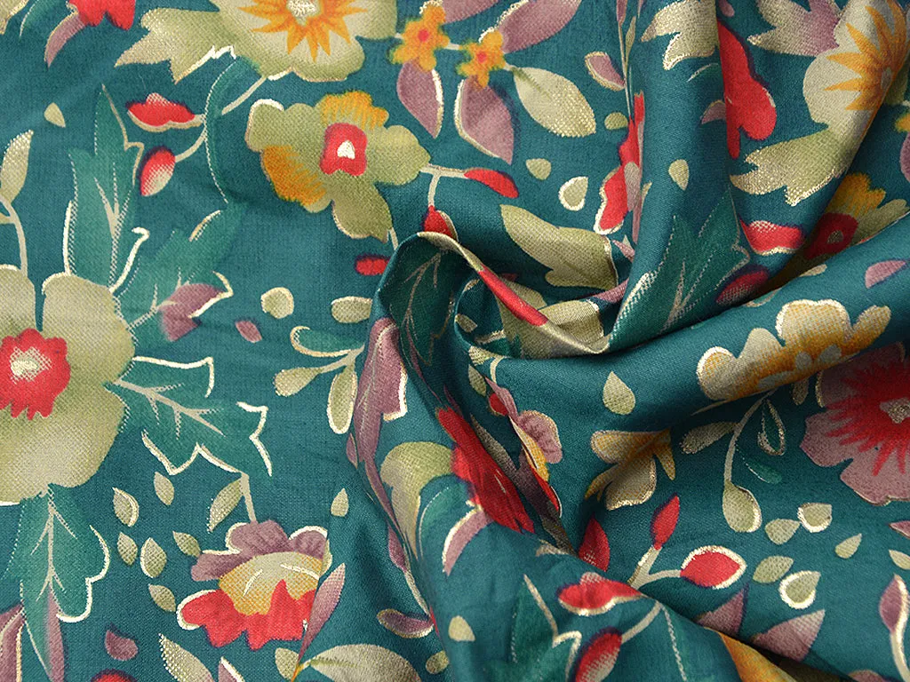 Teal Floral Premium Modal Chanderi Silk Fabric