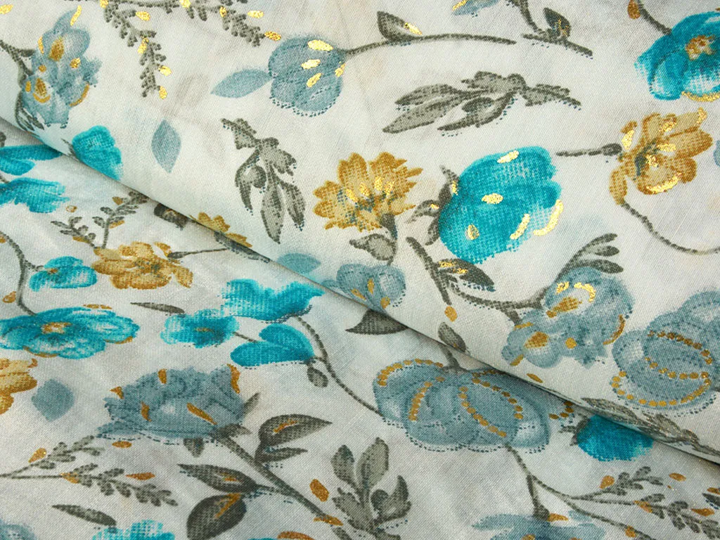 Turquoise & White Floral Premium Modal Chanderi Silk Fabric