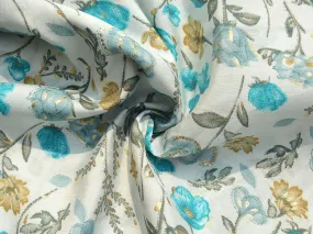 Turquoise & White Floral Premium Modal Chanderi Silk Fabric