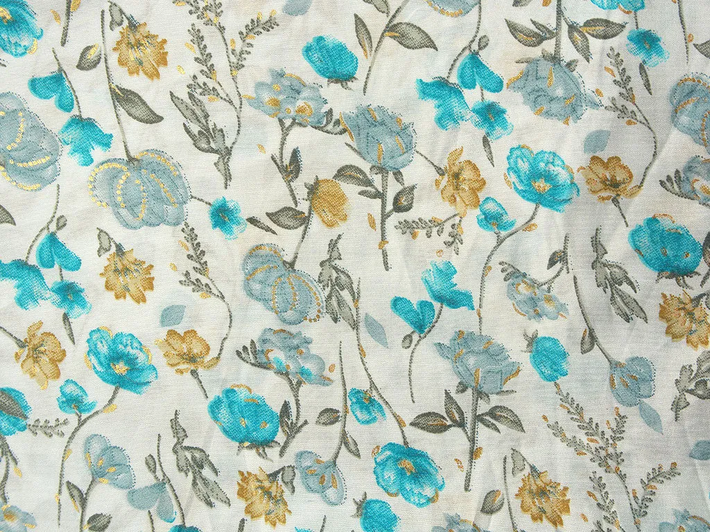 Turquoise & White Floral Premium Modal Chanderi Silk Fabric