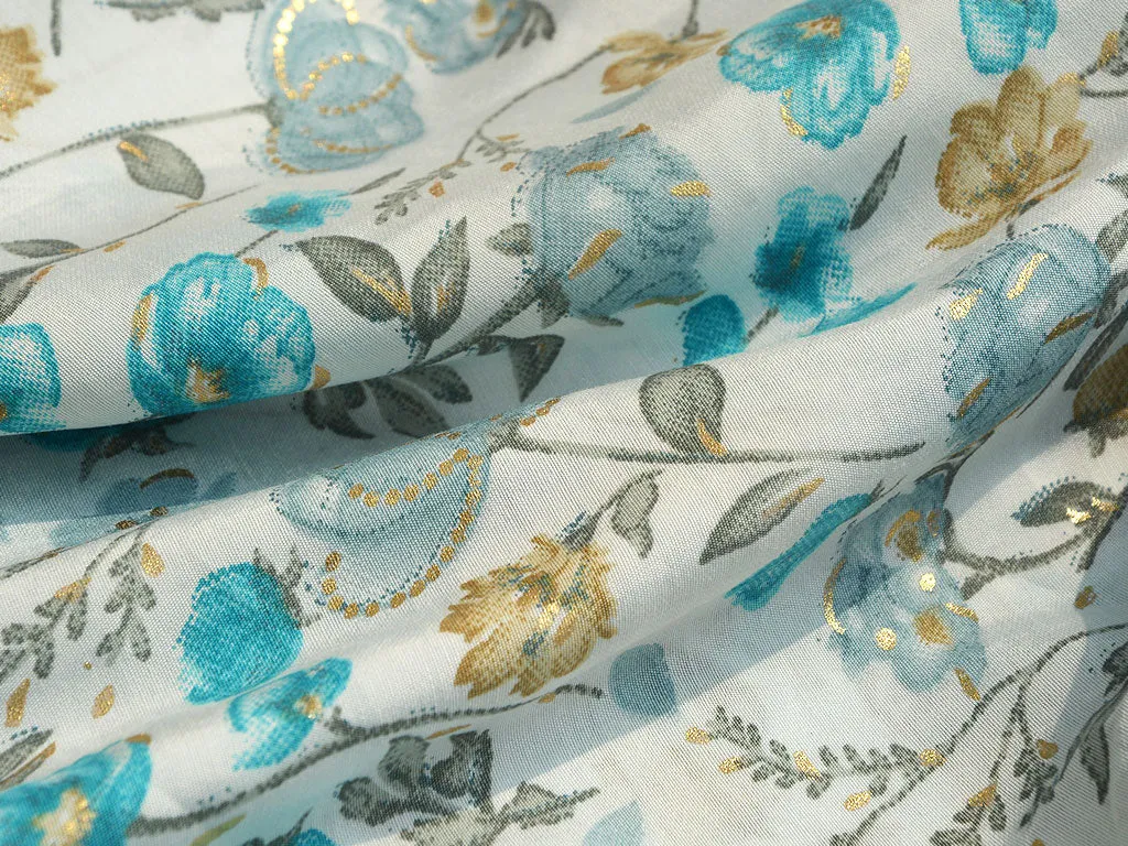 Turquoise & White Floral Premium Modal Chanderi Silk Fabric