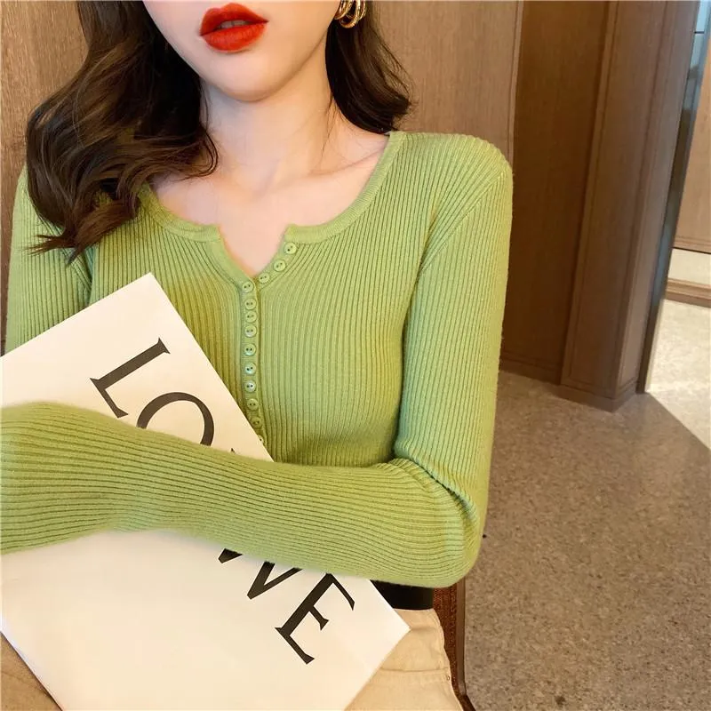 V-Neck Knitted Long Sleeved Solid Colored Slimming Feminine Sweater